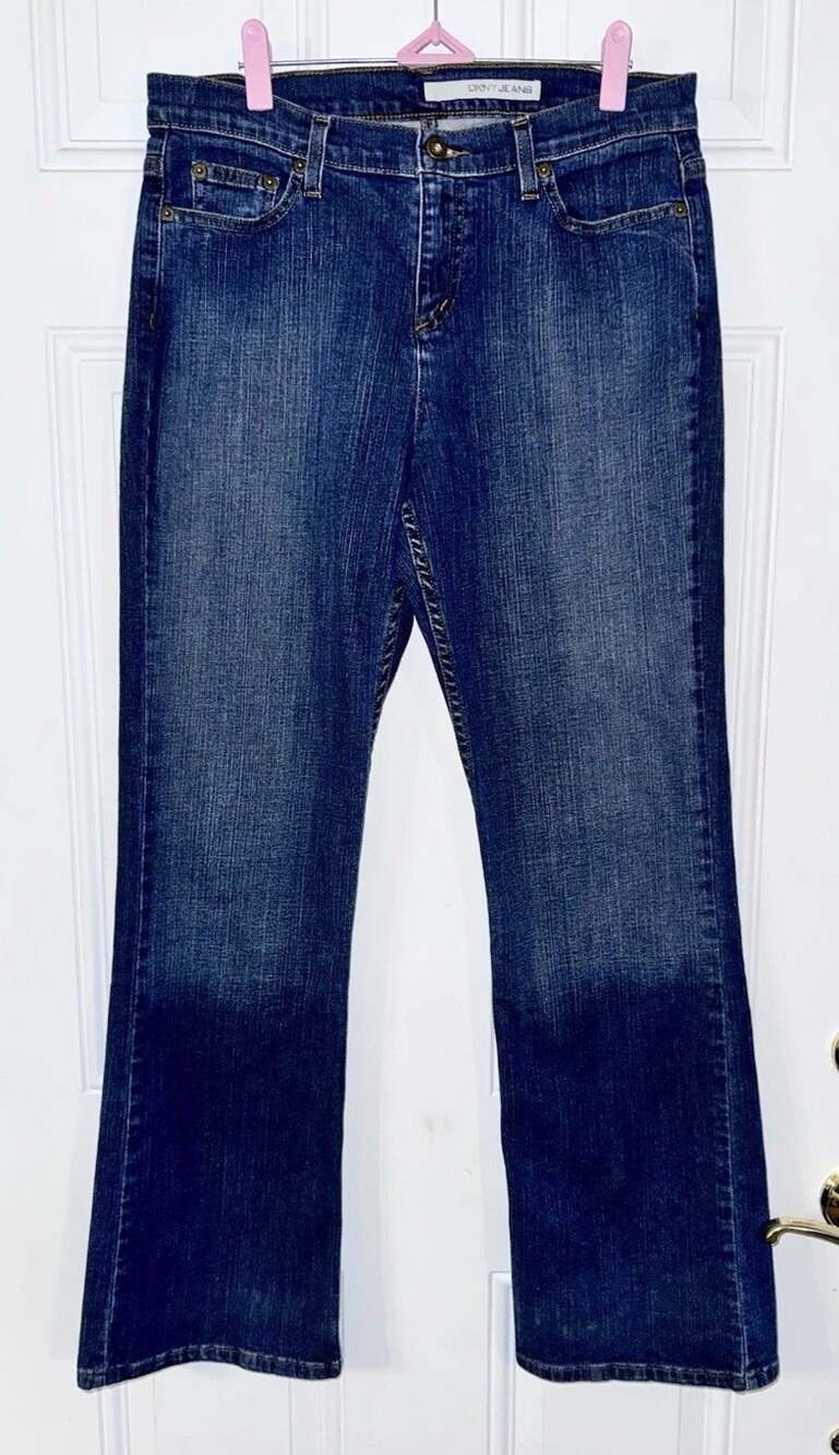 DKNY 10 Women’s Blue Slight Flare Leg Dipped Denim Mid Rise Jeans 10